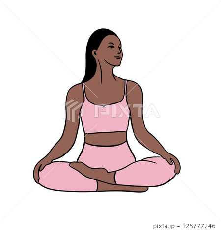 Hand drawn illustration of woman yoga meditation training. Fit fitness pilates female body sport, sportswear elegant healthy people gymnastics, workout exercise. 125777246