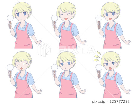 無地のプラカードを持ちエプロンをつけた金髪の女性・6種類の表情セット 125777252