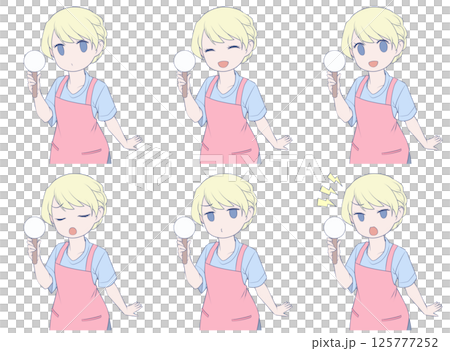 一位金髮女子穿著圍裙，手拿一張簡單的標語牌，上面有六種面部表情 125777252