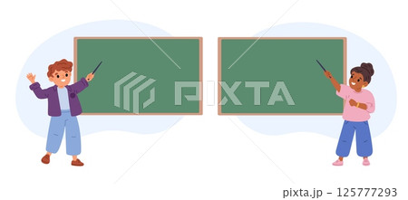Little boy and girl teacher with pointer stands at blackboard. School education. Children showing at classroom boards. Academic training. Chalkboard class. Vector kid lecturers set Little boy and girl teacher with pointer stands at blackboard. School education. Children showing at classroom boards. Academic training. Chalkboard class. Vector kid lecturers set 125777293