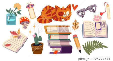 Books and sleeping cat set isolated on white 125777354