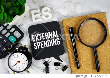ES - External Spending acronym with calculator, alarm clock and magnifying glass, Business and Financial concept background 125777387