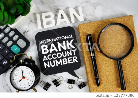 IBAN - International Bank Account Number acronym with calculator, alarm clock and magnifying glass, Business and Financial concept background 125777390