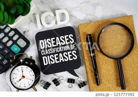 ICD - International Classification of Diseases acronym with calculator, alarm clock and magnifying glass, Business concept background ICD - International Classification of Diseases acronym with calculator, alarm clock and magnifying glass, Business concept background 125777392