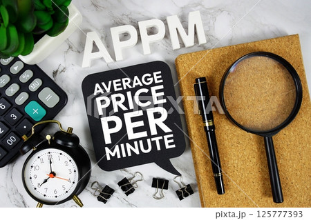 APPM - Average Price Per Minute acronym with calculator, alarm clock and magnifying glass, Business concept background 125777393