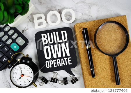 BOO - Build, Own, Operate acronym with calculator, alarm clock and magnifying glass, Business concept background BOO - Build, Own, Operate acronym with calculator, alarm clock and magnifying glass, Business concept background 125777405