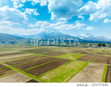 長野県信濃町の美しい空撮写真｜黒姫山と妙高山・飯縄山を望む5月の田園風景 125777445