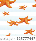 One rapport of Marine seamless pattern with red starfish on striped blue and white background. Summer tracery of hand drawn watercolor elements for bedding, fabric, wallpaper, textile or packaging 125777447