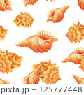 Sea shell seamless pattern with hand drawn tropical beach conches. One rapport of endless summer print for bedding, fabric, wallpaper, wrapping paper, textile, packaging or themed postcard decoration 125777448