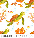 Seamless fragment of underwater world pattern with hand drawn sea turtle, fish, corals, starfish and bubbles. Endless summer ornament for bedding, fabric, wallpaper, wrapping paper, textile or prints 125777449
