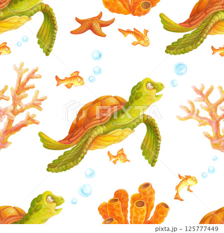 Seamless fragment of underwater world pattern with hand drawn sea turtle, fish, corals, starfish and bubbles. Endless summer ornament for bedding, fabric, wallpaper, wrapping paper, textile or prints Seamless fragment of underwater world pattern with hand drawn sea turtle, fish, corals, starfish and bubbles. Endless summer ornament for bedding, fabric, wallpaper, wrapping paper, textile or prints 125777449