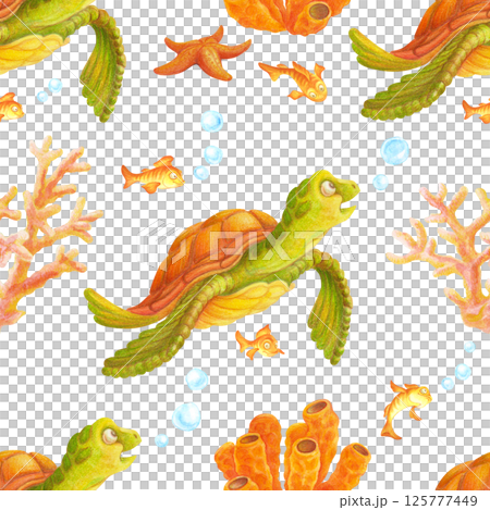 Seamless fragment of underwater world pattern with hand drawn sea turtle, fish, corals, starfish and bubbles. Endless summer ornament for bedding, fabric, wallpaper, wrapping paper, textile or prints Seamless fragment of underwater world pattern with hand drawn sea turtle, fish, corals, starfish and bubbles. Endless summer ornament for bedding, fabric, wallpaper, wrapping paper, textile or prints 125777449
