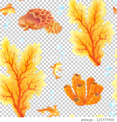 Repeating piece of summer seamless pattern with watercolor fish, corals, seaweed, starfish, shells and bubbles. Endless undersea life print for bedding, fabric, wallpaper, wrapping paper and textile 125777450