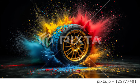 Colorful explosion of paint behind a racing tire in a dynamic display of energy and motion 125777481
