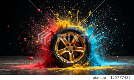 Colorful explosion of paint around a golden wheel showcases artistic creativity in modern design Colorful explosion of paint around a golden wheel showcases artistic creativity in modern design 125777482