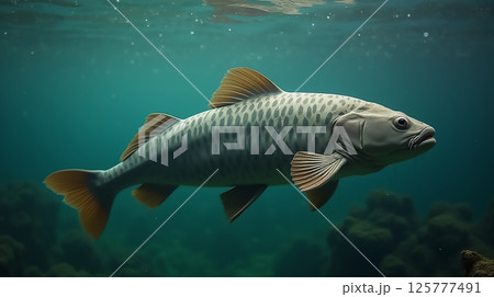Swimming fish in clear water showcasing unique markings and fins under natural light Swimming fish in clear water showcasing unique markings and fins under natural light 125777491