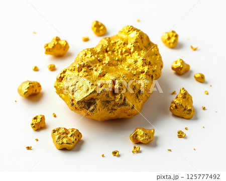 Glistening gold nuggets scattered on a white background showcasing their natural shine and unique shapes Glistening gold nuggets scattered on a white background showcasing their natural shine and unique shapes 125777492