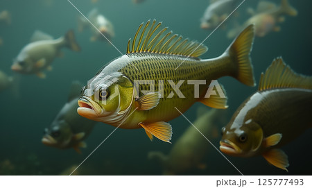 Colorful fish swim gracefully in a tranquil underwater environment in a freshwater lake during the early morning hours 125777493