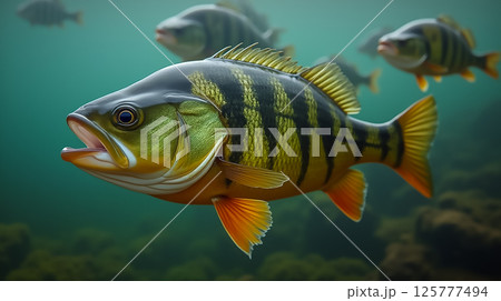 Colorful fish swimming through clear freshwater in a tranquil aquatic environment during daylight hours 125777494