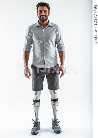 Man with prosthetic legs poses confidently in casual attire against plain backdrop 125777498