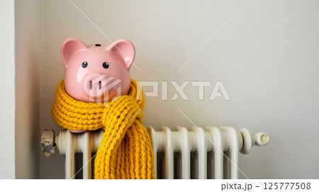 Pink piggy bank wearing yellow knitted scarf resting on a white radiator in a cozy indoor setting Pink piggy bank wearing yellow knitted scarf resting on a white radiator in a cozy indoor setting 125777508