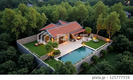 Modern villa surrounded by lush greenery with a serene pool area in the late afternoon 125777559