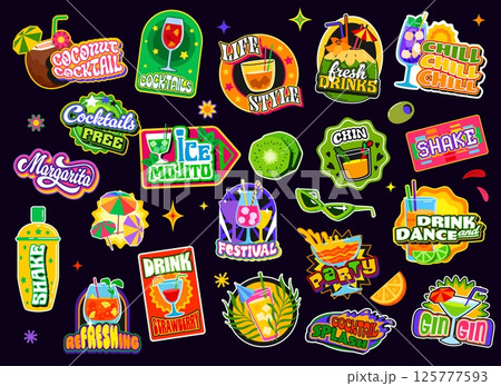 Fresh cocktail y2k groovy stickers, juice and drinks funky patch labels. Alcohol and fruit juice drinks vector badges with y2k groovy glasses, ice and fruits. Cocktail bar party retro stickers set 125777593