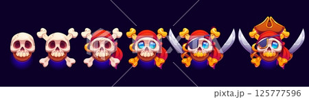 Rating pirate game rank badges and corsair level progress stages, vector GUI asset elements. Cartoon skull crossbones in pirate tricorn hat and bandana for progress stage and game rank badges 125777596
