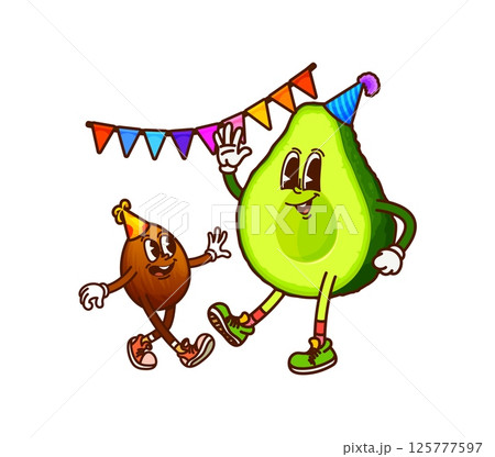 Cartoon groovy Mexican avocado characters at birthday party, vector funny personage. Retro cartoon groovy avocado and seed kid in birthday cap hat with happy smile for fiesta party or cute emoji 125777597