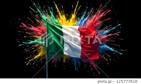 Vibrant explosion of colors behind the Italian flag symbolizing national pride and culture Vibrant explosion of colors behind the Italian flag symbolizing national pride and culture 125777610