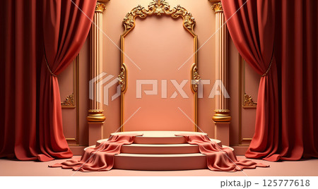 Elegant stage setup with rich drapery and ornate frame for performances in a lavish venue Elegant stage setup with rich drapery and ornate frame for performances in a lavish venue 125777618