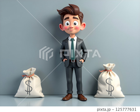 Young businessperson stands confidently between bags of money in a professional setting conveying success and ambition Young businessperson stands confidently between bags of money in a professional setting conveying success and ambition 125777631