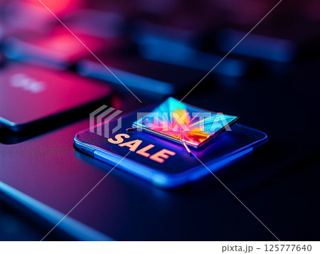 Colorful sale button on a keyboard illuminated by vibrant lights at a promotional event in a digital workspace Colorful sale button on a keyboard illuminated by vibrant lights at a promotional event in a digital workspace 125777640