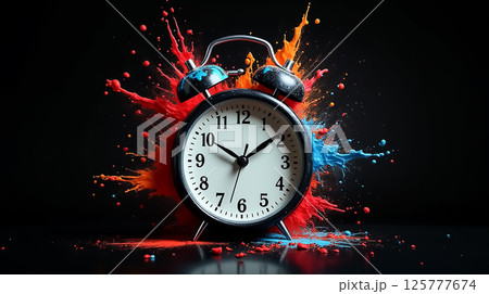 Colorful clock splash creates striking visual contrast against dark background 125777674