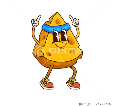 Cheese groovy cheerful character on fitness. Edam milk product wedge vintage happy character, cheddar piece cartoon vector character. Emmental cheese slice groovy personage wearing fitness headband 125777680
