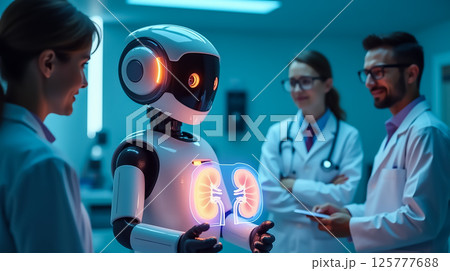 Advanced healthcare technology integration with robots and medical professionals in a laboratory setting 125777688