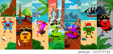 Cartoon math number pirate and corsair characters collage. Vector funny mathematics symbol pirate captain, sailor and skipper personages on treasure island and corsair sail ship with black flags Cartoon math number pirate and corsair characters collage. Vector funny mathematics symbol pirate captain, sailor and skipper personages on treasure island and corsair sail ship with black flags 125777710