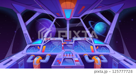 Spacecraft dashboard or spaceship cockpit interior with control panel, cartoon vector. Space game rocket or spaceship cockpit of spacecraft or galaxy shuttle cabin window with dashboard Spacecraft dashboard or spaceship cockpit interior with control panel, cartoon vector. Space game rocket or spaceship cockpit of spacecraft or galaxy shuttle cabin window with dashboard 125777728