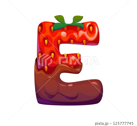 Candy font, sweet dessert type of cartoon confectionery strawberry in chocolate, vector typeface. Candy dessert font English alphabet letter E, chocolate confection type of choco candy with berry Candy font, sweet dessert type of cartoon confectionery strawberry in chocolate, vector typeface. Candy dessert font English alphabet letter E, chocolate confection type of choco candy with berry 125777745