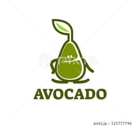 Vegan product ripe avocado company icon. Abstract green avocado character vector emblem, healthy diet tropical fruit sign. Vegan food shop avocado symbol or natural plant product store icon 125777746