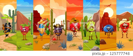 Cartoon berry cowboy sheriff and bandit characters collage. Vector fruit outlaws and lawmen in Wild West western landscape with desert, cactus, pistols, sheriff hats, star badges and mustaches Cartoon berry cowboy sheriff and bandit characters collage. Vector fruit outlaws and lawmen in Wild West western landscape with desert, cactus, pistols, sheriff hats, star badges and mustaches 125777748