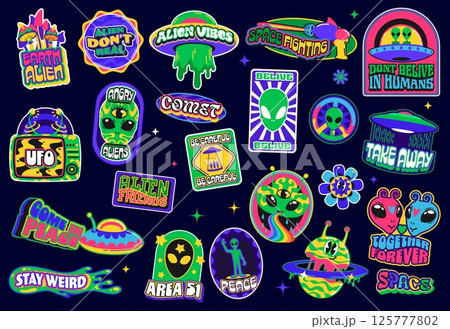 Outer space y2k galaxy groovy stickers, alien UFO funky patch labels. Retro hippie flying saucer and space galaxy planets vector stickers set with funky y2k martian emojis, trippy mushroom and blaster Outer space y2k galaxy groovy stickers, alien UFO funky patch labels. Retro hippie flying saucer and space galaxy planets vector stickers set with funky y2k martian emojis, trippy mushroom and blaster 125777802