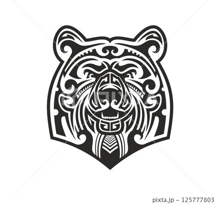 Maori tribal animal tattoo, New Zealand Polynesian predator beast head. Samoan culture totem symbol. Black and white vector warrior sign. Hawaiian tribe motif print or Maori ethnic isolated body art 125777803