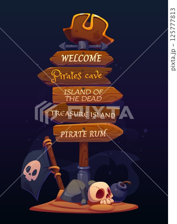 Pirate party sign board or wooden signage with corsair tricorn hat, vector cartoon signboard. Pirate party sign board with direction arrows to treasure island or pirate rum bar with captain skulls Pirate party sign board or wooden signage with corsair tricorn hat, vector cartoon signboard. Pirate party sign board with direction arrows to treasure island or pirate rum bar with captain skulls 125777813