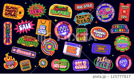 Shopping and sale y2k groovy patch stickers, black friday and best offer retro funky labels. Vector y2k geometric shapes, retail tag and shopping bag badges, discount vouchers and sale stickers set 125777817