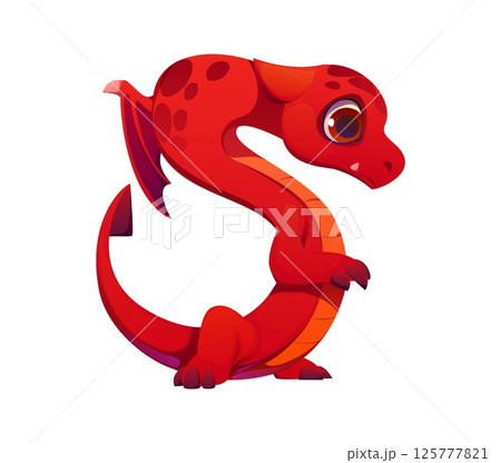 Fantasy red dragon character font letter S. Fairy animal character kids ABC letter, cartoon vector English alphabet type symbol. Fantasy monster typeset element or Asian dragon personage font sign 125777821