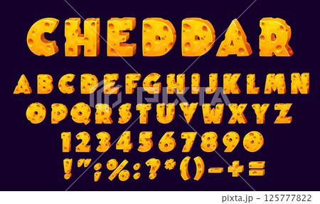 Yellow cheddar cheese font, cheesy gouda type, swiss or maasdam letters typeface, dairy letters, alphabet vector typography. Cartoon cheesy food font abc characters with cheese texture and holes 125777822