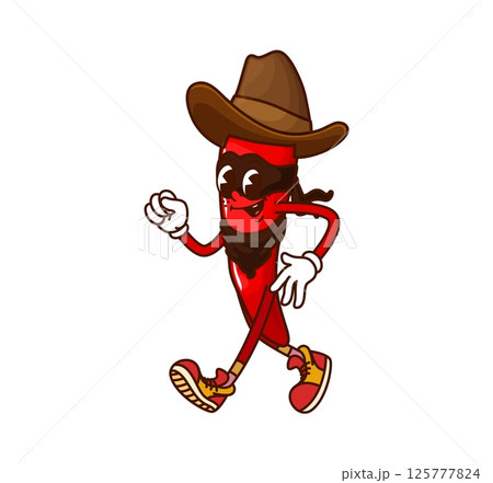 Cartoon groovy chili pepper cowboy and bandit vegetable character. Isolated vector wild west guindilla gangster, robber or ranger personage wearing ten gallon hat and mask ready for Western adventures 125777824