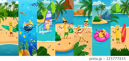 Cartoon funny italian pasta characters on summer vacation collage. Vector cute lasagna, eliche, funghetto and orzo, quadretti and tortiglioni pasta shapes personages swimming and dancing on beach Cartoon funny italian pasta characters on summer vacation collage. Vector cute lasagna, eliche, funghetto and orzo, quadretti and tortiglioni pasta shapes personages swimming and dancing on beach 125777835