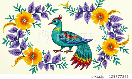 Colorful peacock surrounded by vibrant flowers and foliage showcases artistic design Colorful peacock surrounded by vibrant flowers and foliage showcases artistic design 125777881